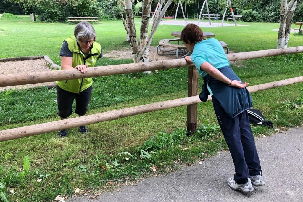 Sportliche Seniorin kopiert in einem Park die vorgezeigte Übung ihrer Kursleiterin.