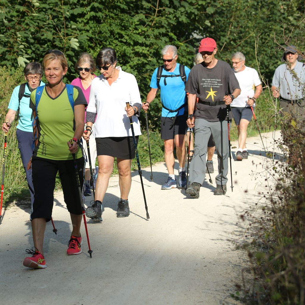 Die Kursteilnehmenden des Nordic Walkings folgen wandern ihrer Leiterin.